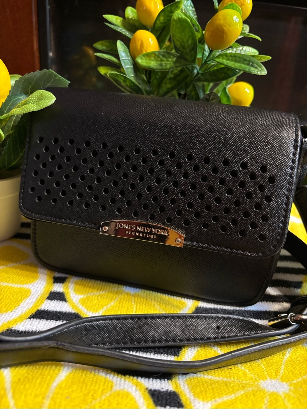 Jones New York Black Crossbody Bag - Perforated Flap